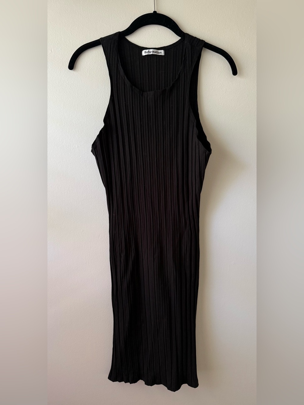 Reformation black ribbed bodycon midi dress, size XL